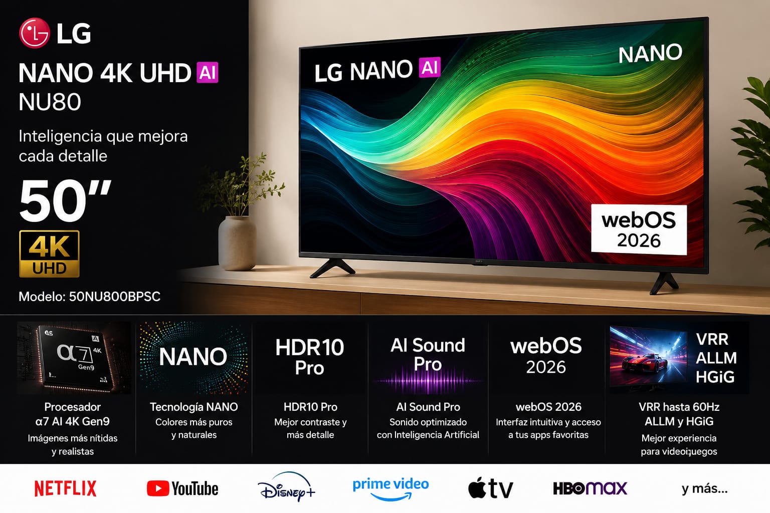 Smart TV LG 50" NANO 4K UHD AI NU80 webOS 2026 50NU800BPSC